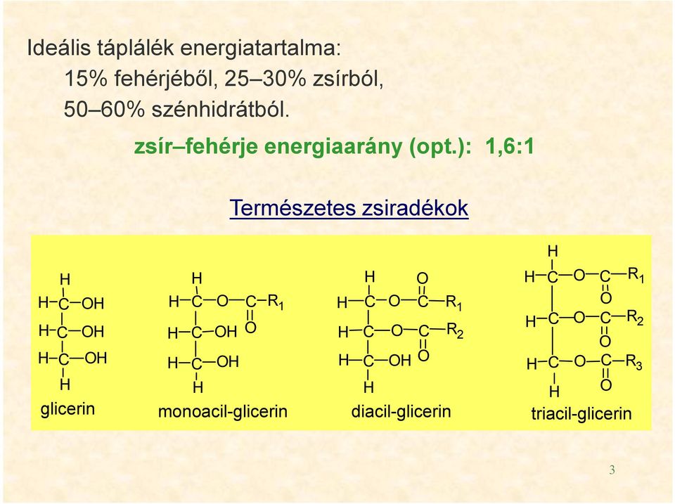 ): 1,6:1 Természetes zsiradékok H H H O H C O C R 1 H C OH H C O C R 1 H C O C R 1 O H C