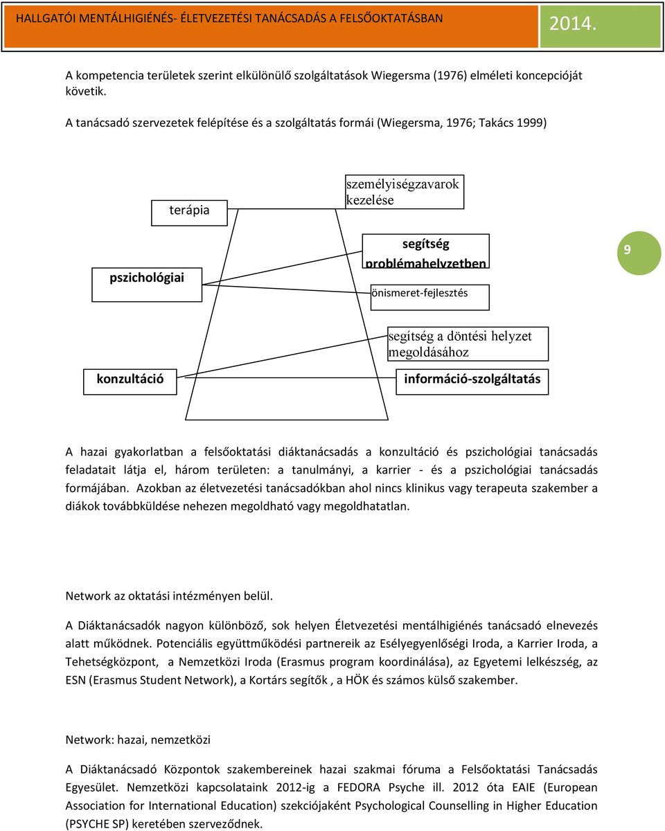 önismeret-fejlesztés segítség a döntési helyzet megoldásához információ-szolgáltatás 9 A hazai gyakorlatban a felsőoktatási diáktanácsadás a konzultáció és pszichológiai tanácsadás feladatait látja