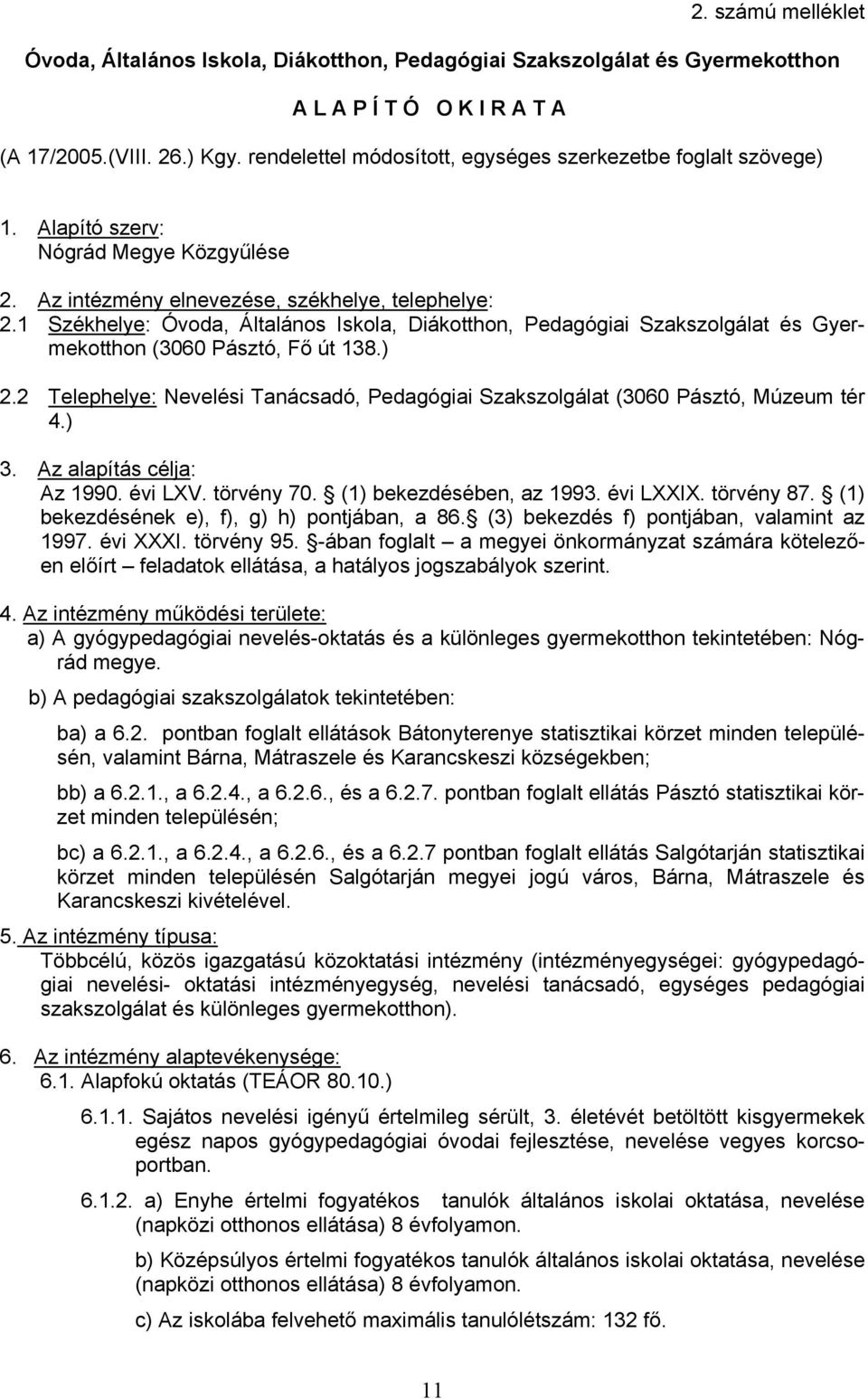 1 Székhelye: Óvoda, Általános Iskola, Diákotthon, Pedagógiai Szakszolgálat és Gyermekotthon (3060 Pásztó, Fő út 138.) 2.