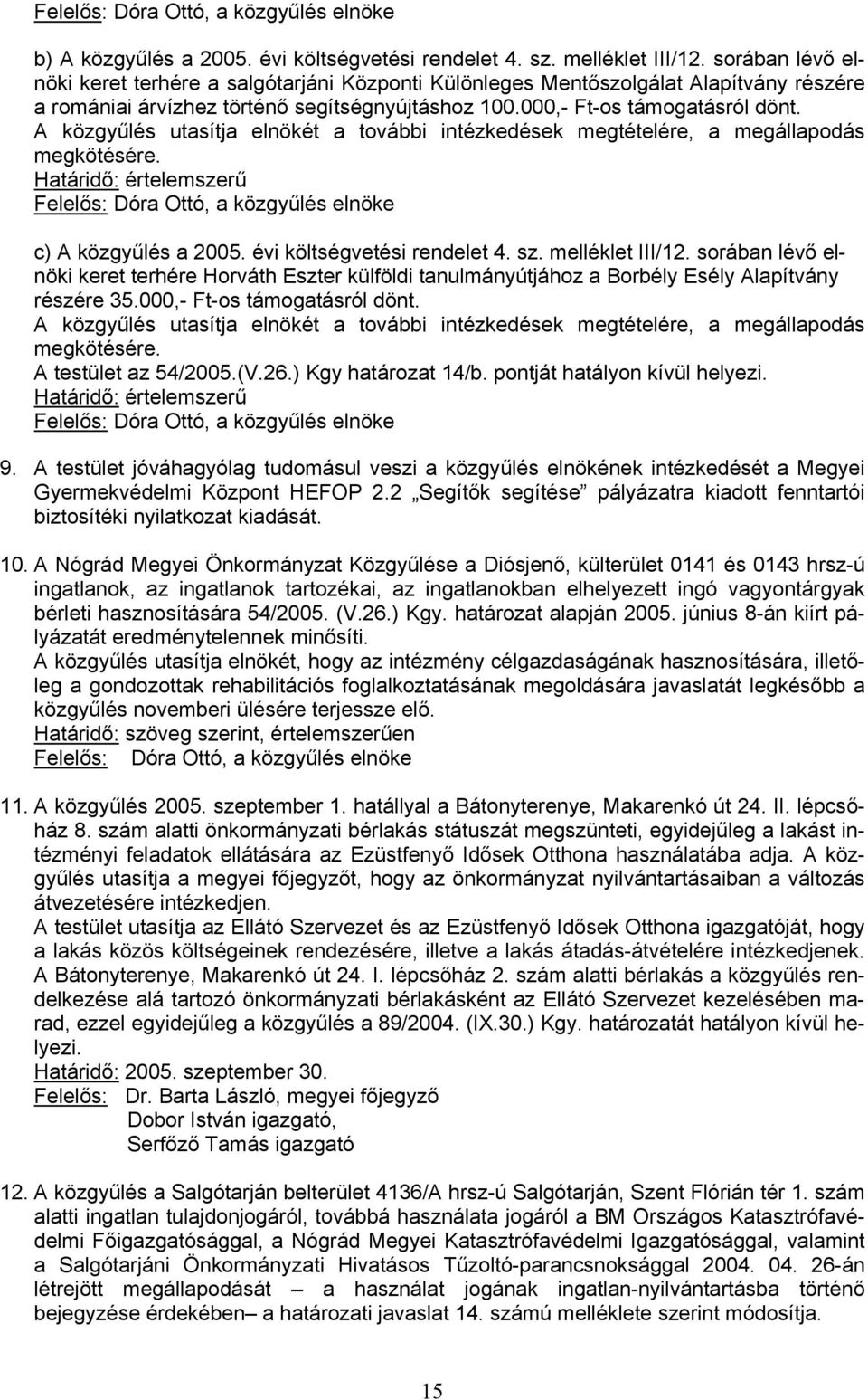 A közgyűlés utasítja elnökét a további intézkedések megtételére, a megállapodás megkötésére. Határidő: értelemszerű Felelős: Dóra Ottó, a közgyűlés elnöke c) A közgyűlés a 2005.