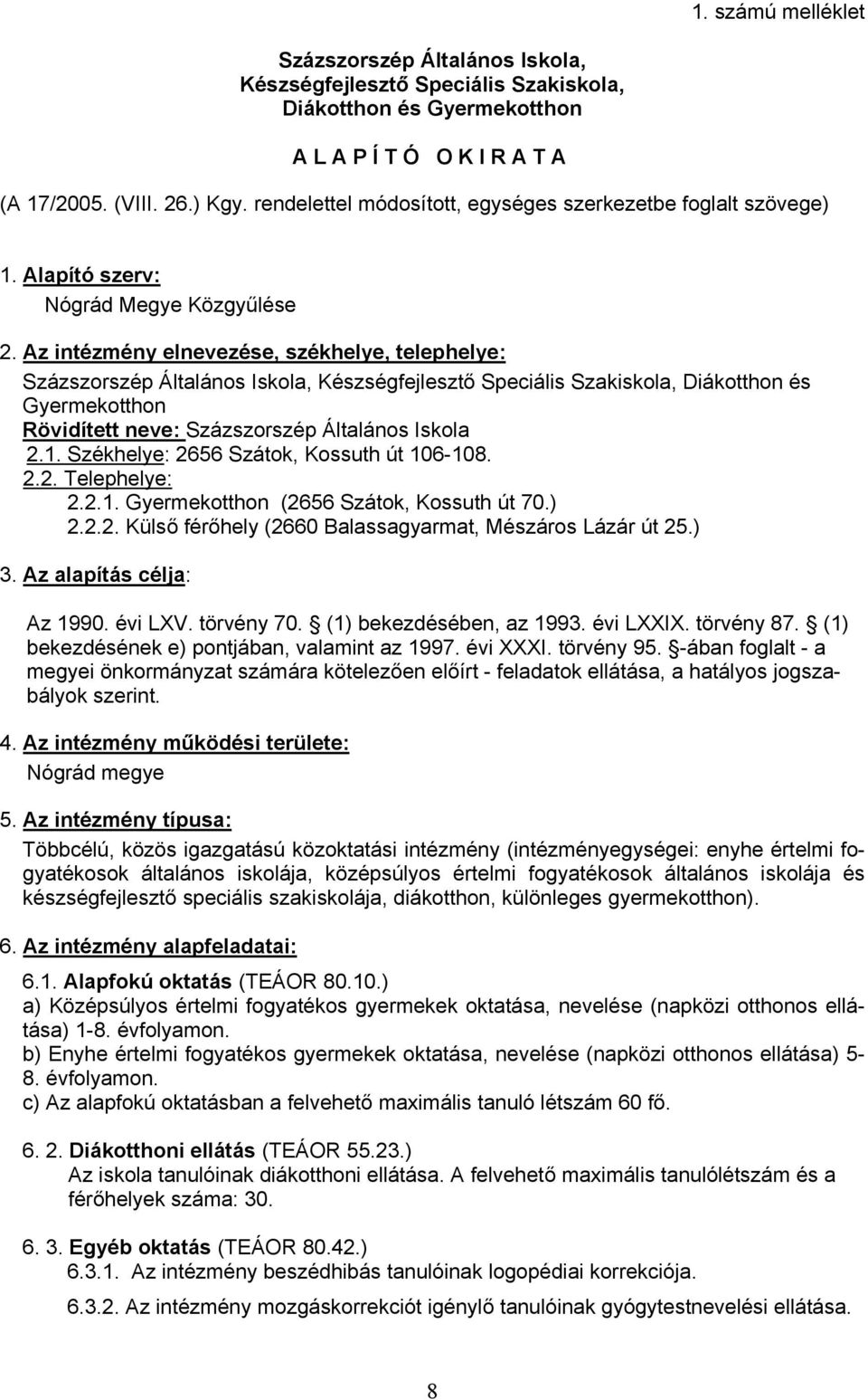 Az intézmény elnevezése, székhelye, telephelye: Százszorszép Általános Iskola, Készségfejlesztő Speciális Szakiskola, Diákotthon és Gyermekotthon Rövidített neve: Százszorszép Általános Iskola 2.1.
