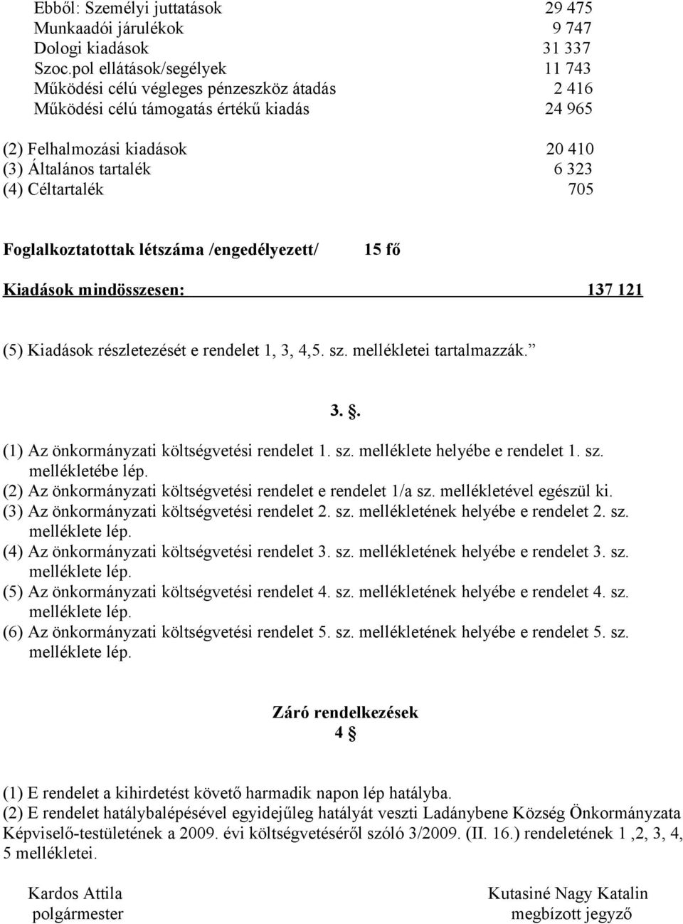 705 Foglalkoztatottak létszáma /engedélyezett/ 15 fő Kiadások mindösszesen: 137 121 (5) Kiadások részletezését e rendelet 1, 3, 4,5. sz. mellékletei tartalmazzák.
