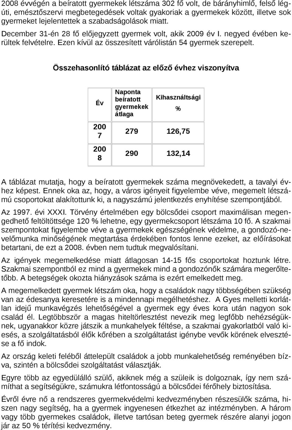 Összehasnlító táblázat az előző évhez visznyítva Év 200 7 200 8 Napnta beírattt gyermekek átlaga Kihasználtsági % 279 126,75 290 132,14 A táblázat mutatja, hgy a beírattt gyermekek száma
