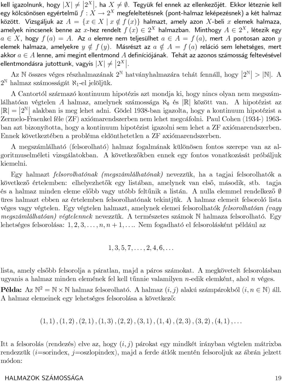 Vizsgáljuk az A = fx 2 X j x =2 f (x)g halmazt, amely azon X-beli x elemek halmaza, amelyek nincsenek benne az x-hez rendelt f (x) 2 2 X halmazban. Minthogy A 2 2 X, létezik egy a 2 X, hogy f (a) = A.