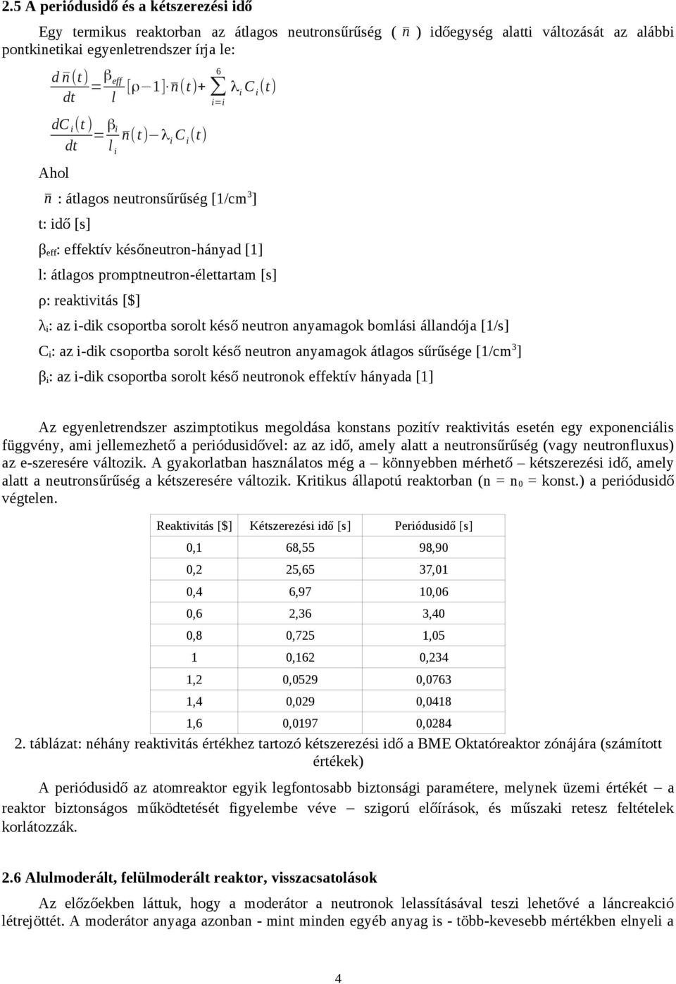 reaktivitás [$] λi: az i-dik csoportba sorolt késő neutron anyamagok bomlási állandója [1/s] Ci: az i-dik csoportba sorolt késő neutron anyamagok átlagos sűrűsége [1/cm3] βi: az i-dik csoportba