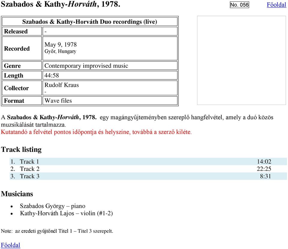 music Rudolf Kraus Wave files A Szabados & KathyHorváth, 1978.