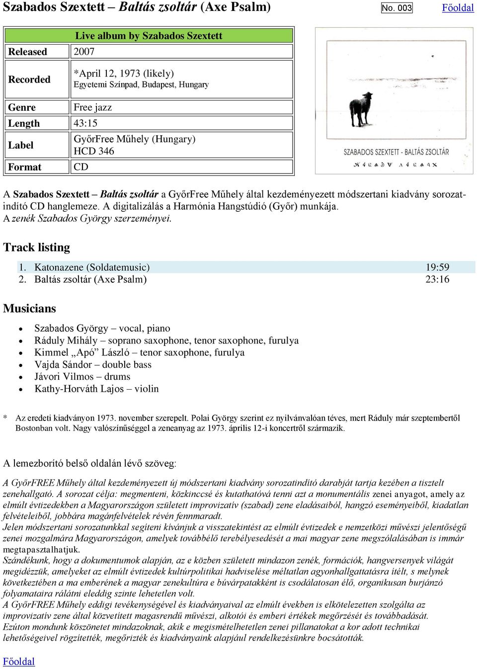 Baltás zsoltár a GyőrFree Műhely által kezdeményezett módszertani kiadvány sorozatindító CD hanglemeze. A digitalizálás a Harmónia Hangstúdió (Győr) munkája. A zenék Szabados György szerzeményei.