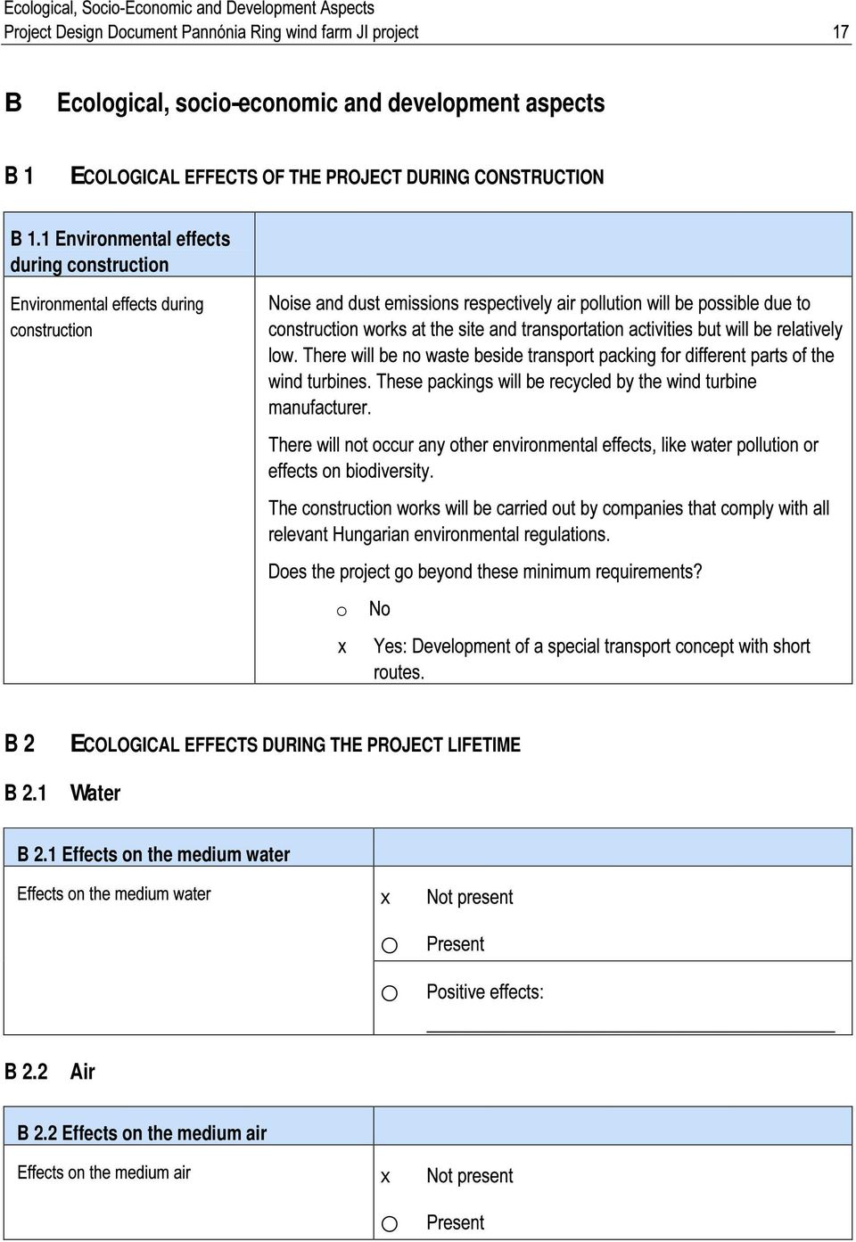 1 Environmental effects during construction o B 2 ECOLOGICAL EFFECTS