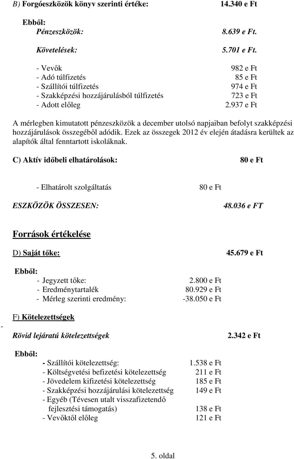 937 e Ft A mérlegben kimutatott pénzeszközök a december utolsó napjaiban befolyt szakképzési hozzájárulások összegéből adódik.