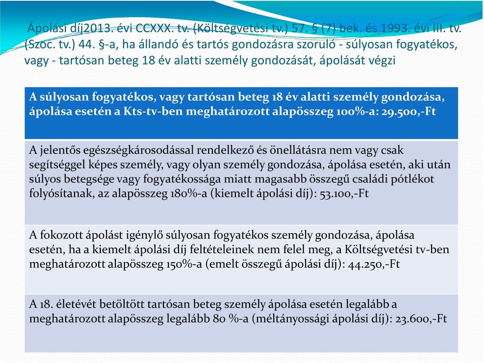 gondozása, ápolása esetén a Kts-tv-ben meghatározott alapösszeg 100%-a: 29.