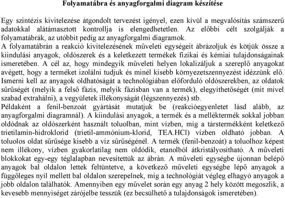 A folyamatábrán a reakció kivitelezésének műveleti egységeit ábrázoljuk és kötjük össze a kiindulási anyagok, oldószerek és a keletkezett termékek fizikai és kémiai tulajdonságainak ismeretében.