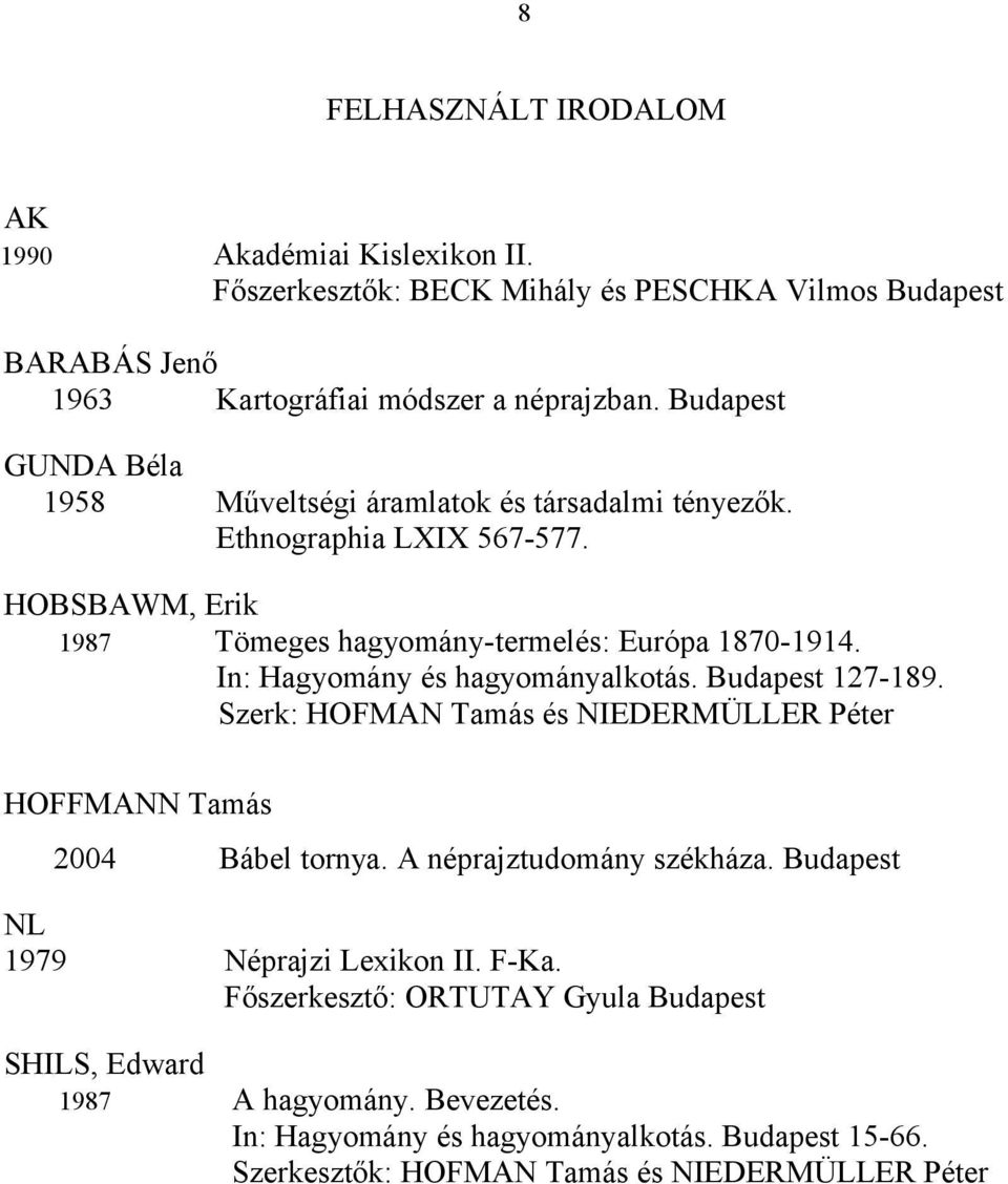 In: Hagyomány és hagyományalkotás. Budapest 127-189. Szerk: HOFMAN Tamás és NIEDERMÜLLER Péter HOFFMANN Tamás 2004 Bábel tornya. A néprajztudomány székháza.