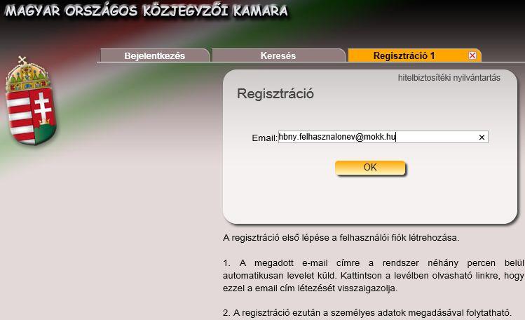 2. A regisztráció első lépése a HBNYR felhasználói fiók létrehozása.