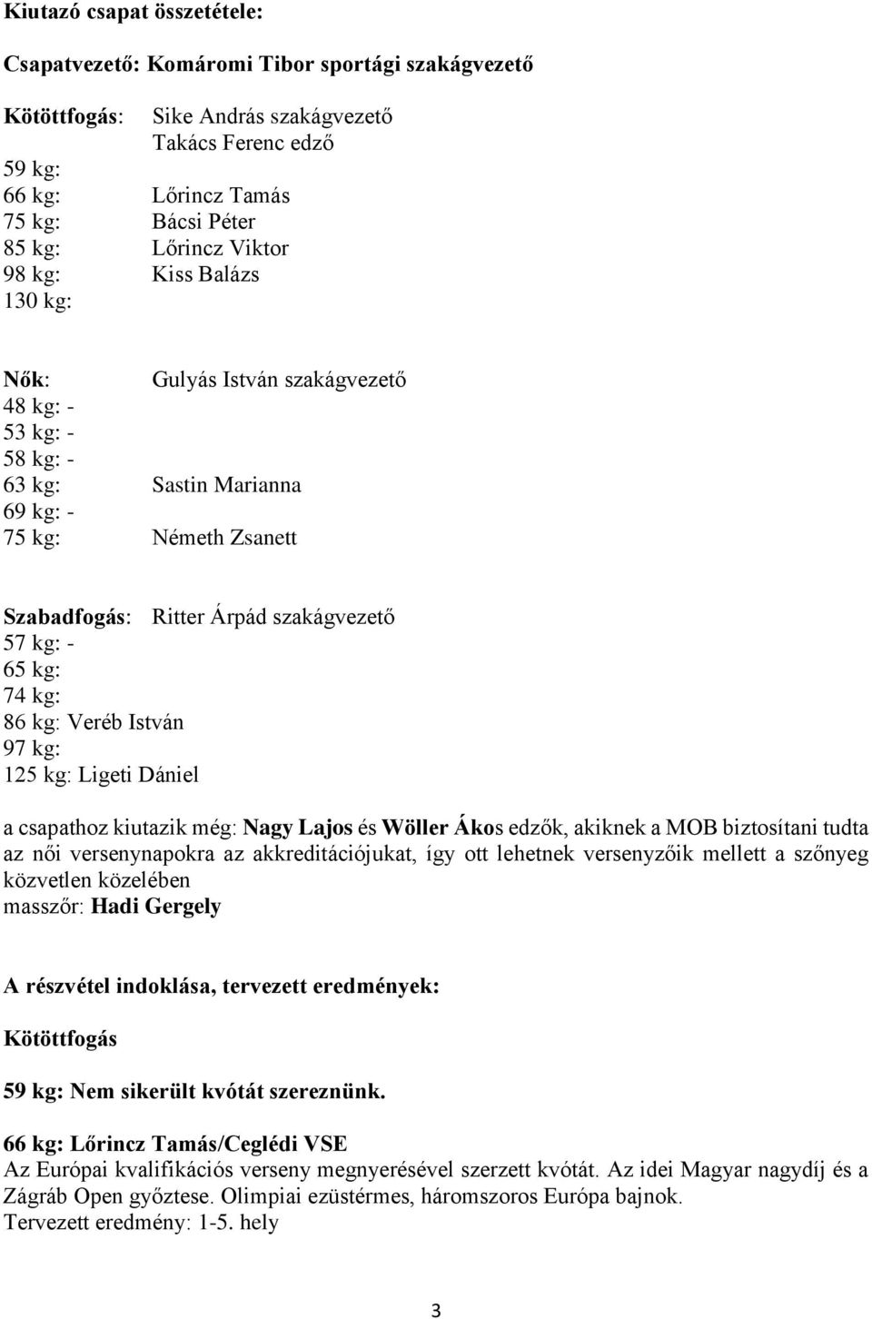 kg: 74 kg: 86 kg: Veréb István 97 kg: 125 kg: Ligeti Dániel a csapathoz kiutazik még: Nagy Lajos és Wöller Ákos edzők, akiknek a MOB biztosítani tudta az női versenynapokra az akkreditációjukat, így