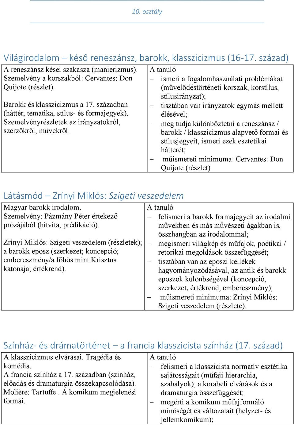 ismeri a fogalomhasználati problémákat (művelődéstörténeti korszak, korstílus, stílusirányzat); tisztában van irányzatok egymás mellett élésével; meg tudja különböztetni a reneszánsz / barokk /