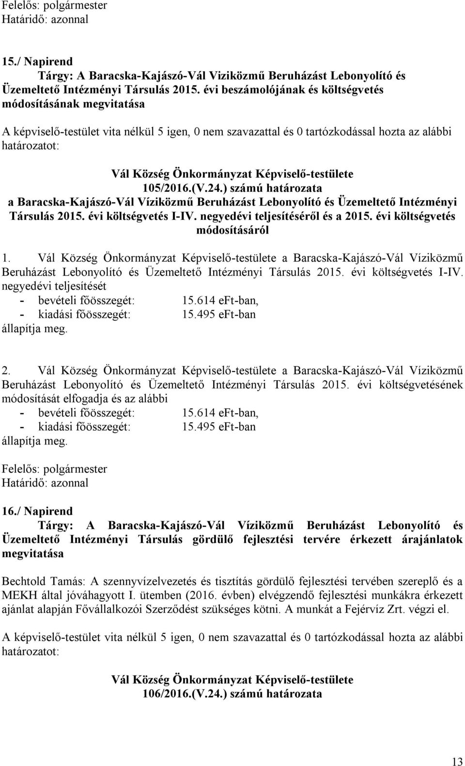 ) számú határozata a Baracska-Kajászó-Vál Víziközmű Beruházást Lebonyolító és Üzemeltető Intézményi Társulás 2015. évi költségvetés I-IV. negyedévi teljesítéséről és a 2015.