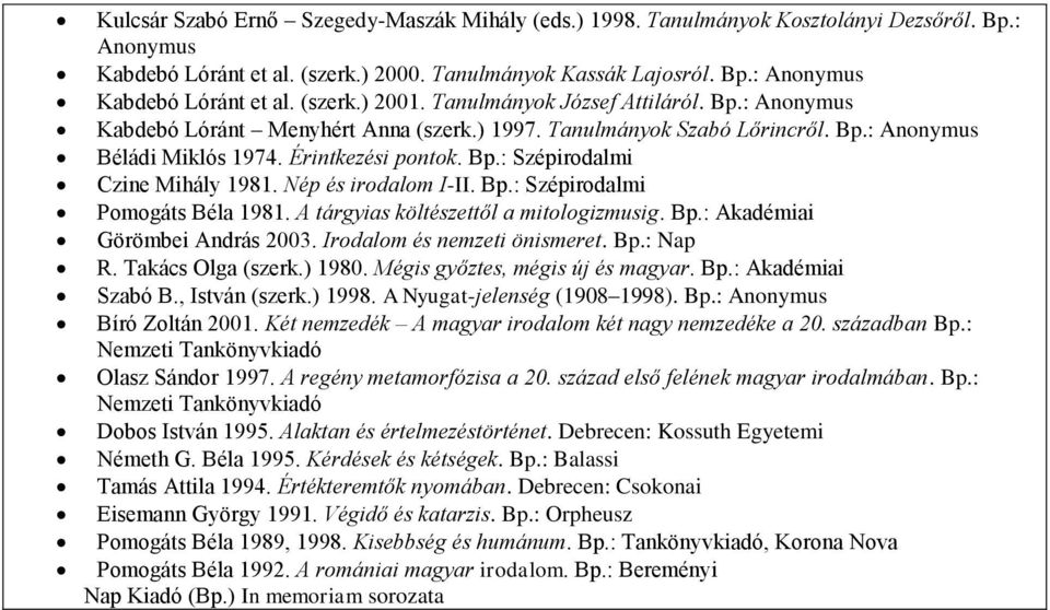 Nép és irodalom I-II. Bp.: Szépirodalmi Pomogáts Béla 1981. A tárgyias költészettől a mitologizmusig. Bp.: Akadémiai Görömbei András 003. Irodalom és nemzeti önismeret. Bp.: Nap R. Takács Olga (szerk.