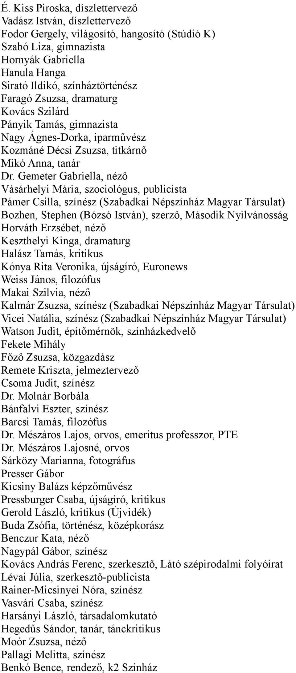 Gemeter Gabriella, néző Vásárhelyi Mária, szociológus, publicista Pámer Csilla, színész (Szabadkai Népszínház Magyar Társulat) Bozhen, Stephen (Bózsó István), szerző, Második Nyilvánosság Horváth
