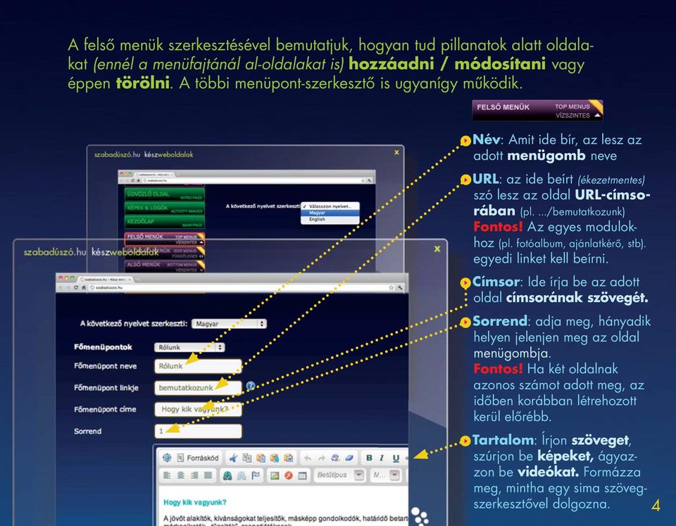 Az egyes modulokhoz (pl. fotóalbum, ajánlatkérô, stb). egyedi linket kell beírni. Címsor: Ide írja be az adott oldal címsorának szövegét.