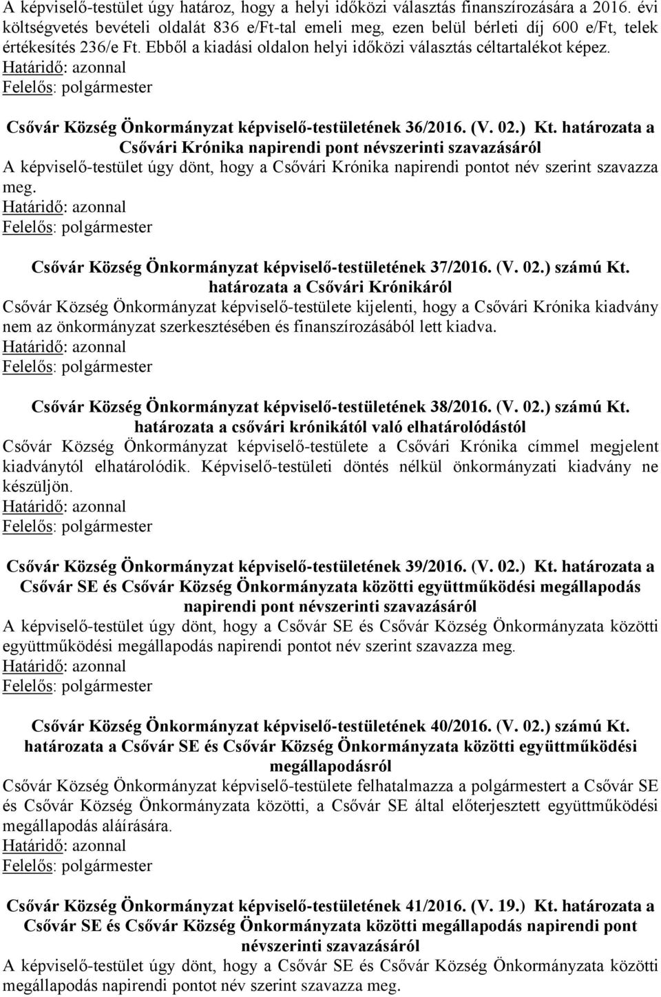 Csővár Község Önkormányzat képviselő-testületének 36/2016. (V. 02.) Kt.