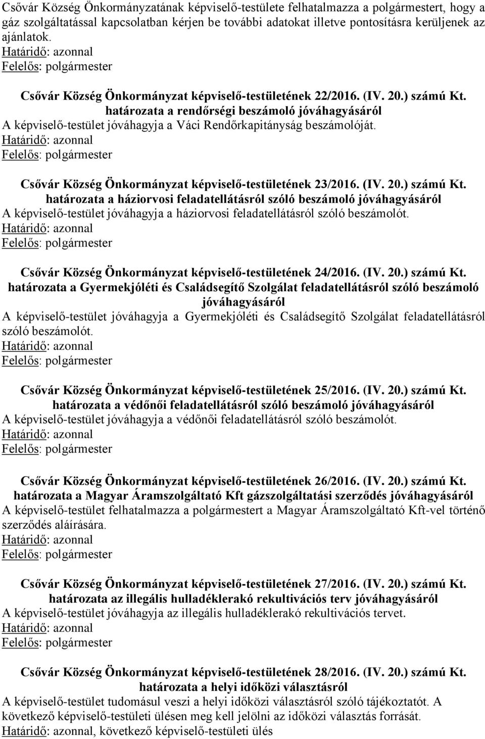 Csővár Község Önkormányzat képviselő-testületének 23/2016. (IV. 20.) számú Kt.