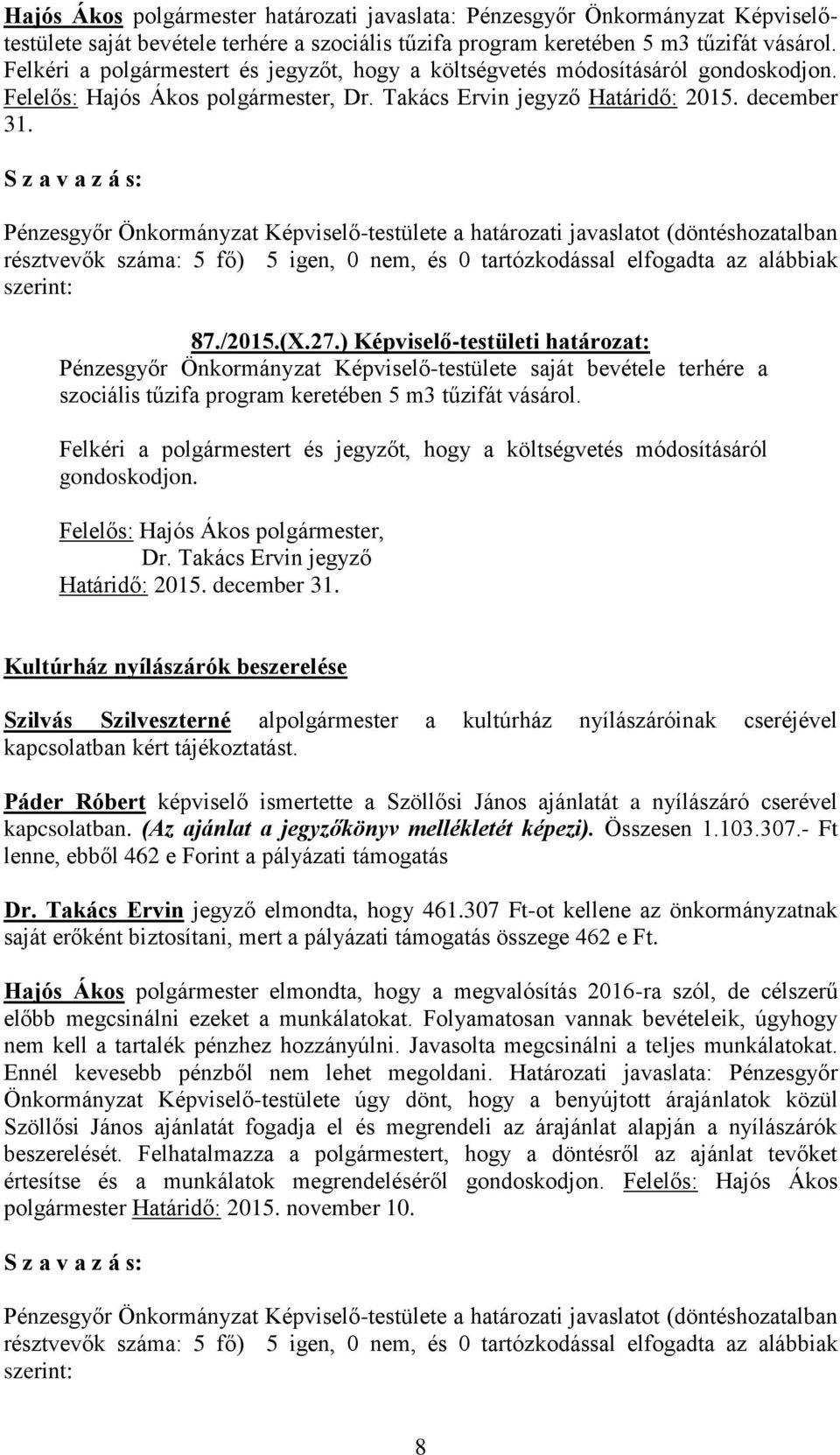) Képviselő-testületi határozat: Pénzesgyőr Önkormányzat Képviselő-testülete saját bevétele terhére a szociális tűzifa program keretében 5 m3 tűzifát vásárol.