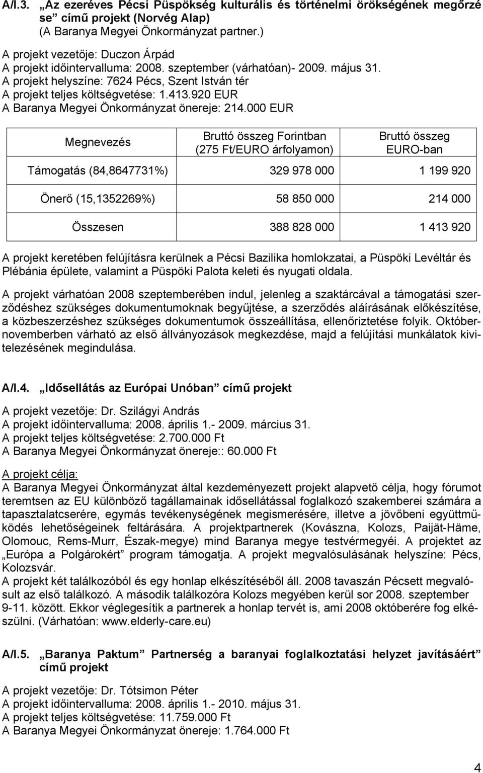 920 EUR A Baranya Megyei Önkormányzat önereje: 214.