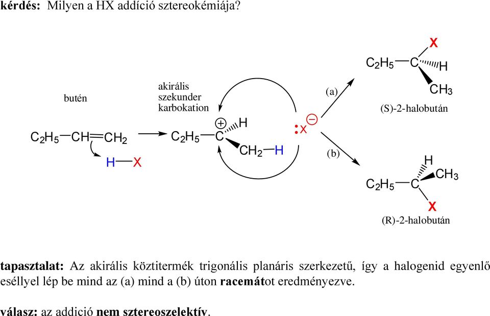 3 X (R)-2-halobután tapasztalat: Az akirális köztitermék trigonális planáris szerkezetű,