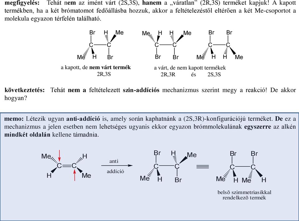 a kapott, de nem várt termék 2R,3S a várt, de nem kapott termékek 2R,3R és 2S,3S következtetés: Tehát nem a feltételezett szin-addíciós mechanizmus szerint megy a reakció!