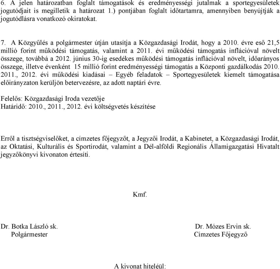 évre eső 21,5 millió forint működési támogatás, valamint a 2011. évi működési támogatás inflációval növelt összege, továbbá a 2012.