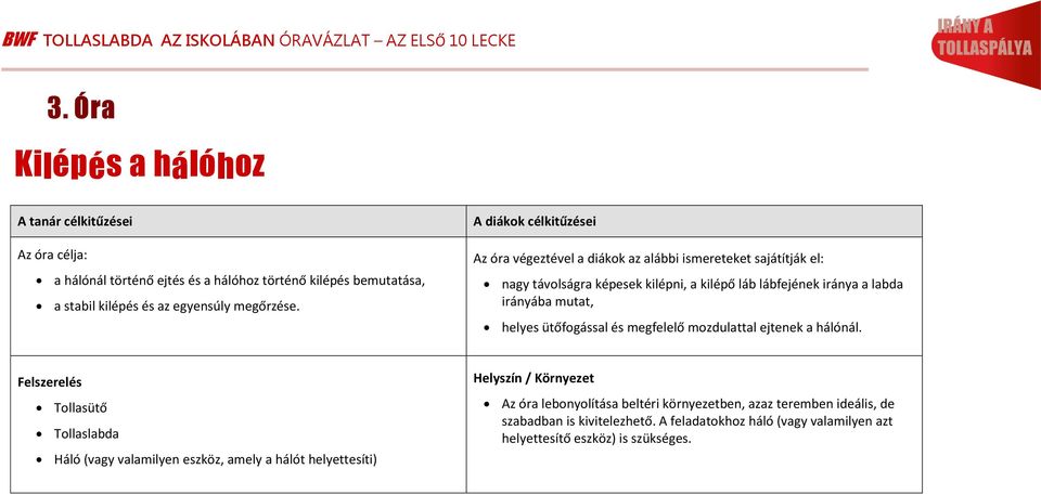 A diákok célkitűzései Az óra végeztével a diákok az alábbi ismereteket sajátítják el: nagy távolságra képesek kilépni, a kilépő láb lábfejének iránya a labda irányába mutat, helyes