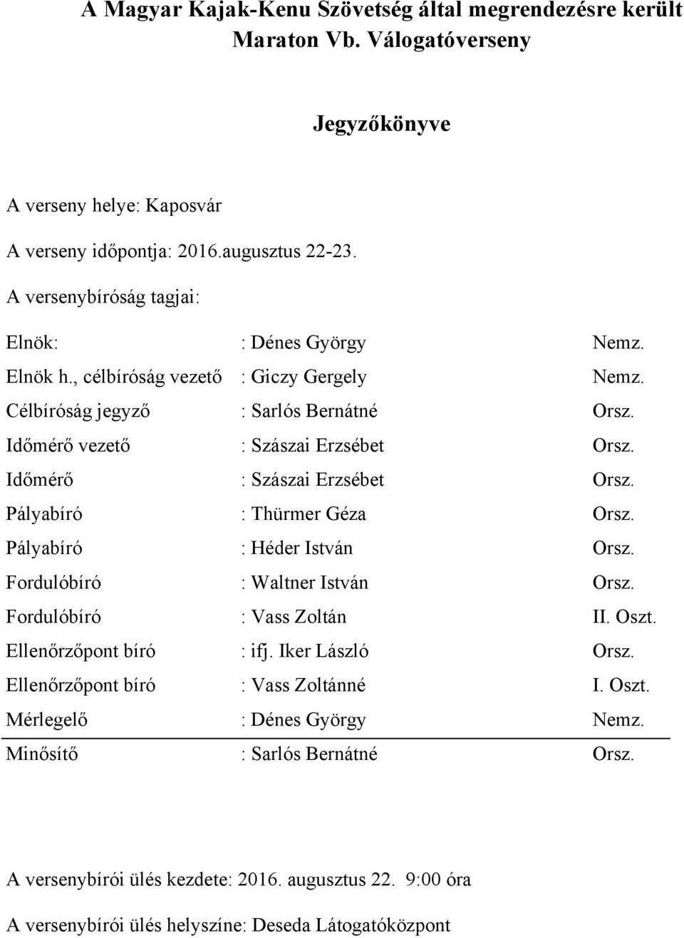 Időmérő : Szászai Erzsébet Orsz. Pályabíró : Thürmer Géza Orsz. Pályabíró : Héder István Orsz. Fordulóbíró : Waltner István Orsz. Fordulóbíró : Vass Zoltán II. Oszt.