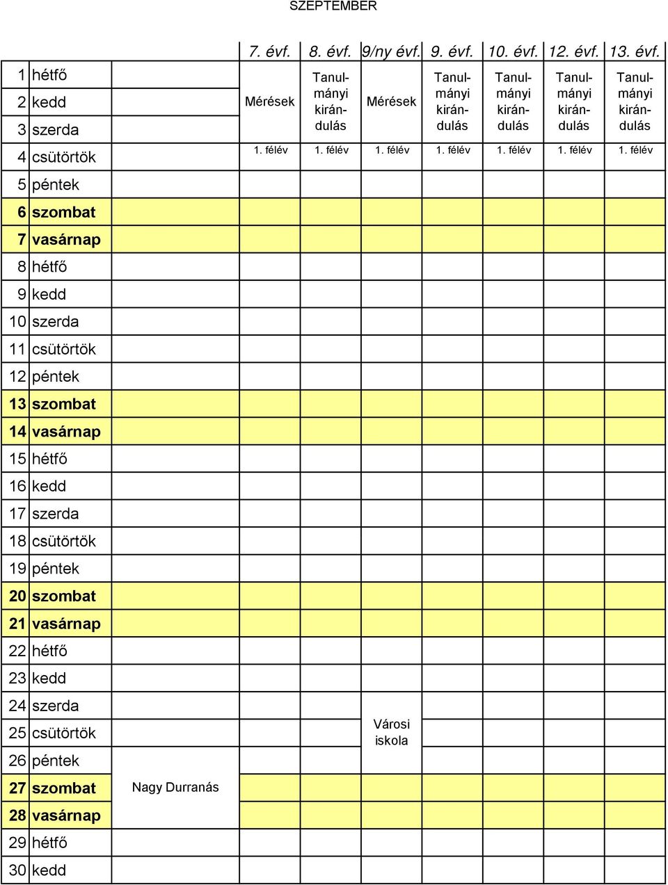 csütörtök 26 péntek 27 szombat 28 vasárnap 29 hétfő 30 kedd Nagy Durranás Mérések Mérések Tanulmányi kirándulás Tanulmányi