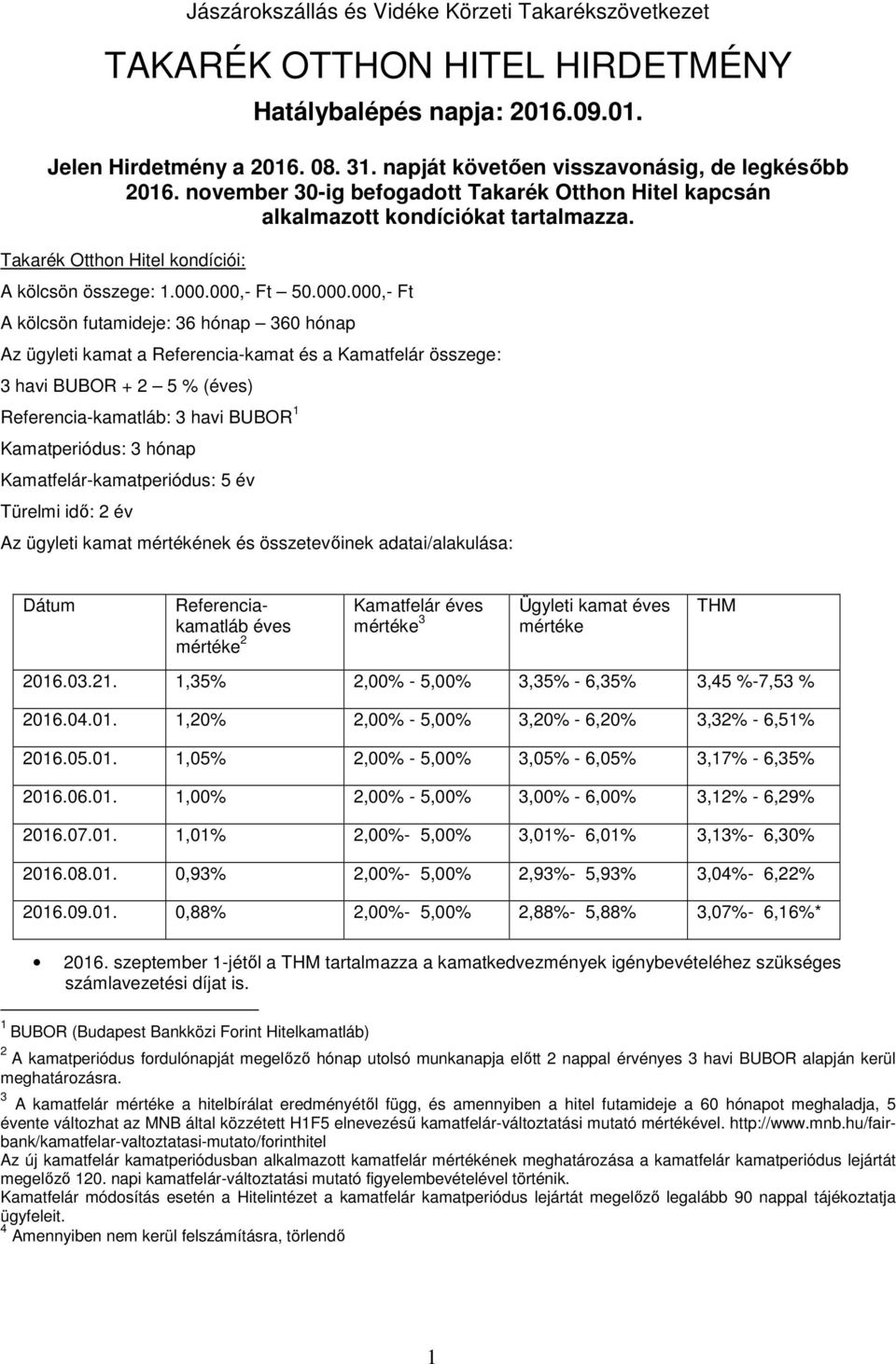 000,- Ft 50.000.000,- Ft A kölcsön futamideje 36 hónap 360 hónap Az ügyleti kamat a Referencia-kamat és a Kamatfelár összege 3 havi BUBOR + 2 5 % (éves) Referencia-kamatláb 3 havi BUBOR 1