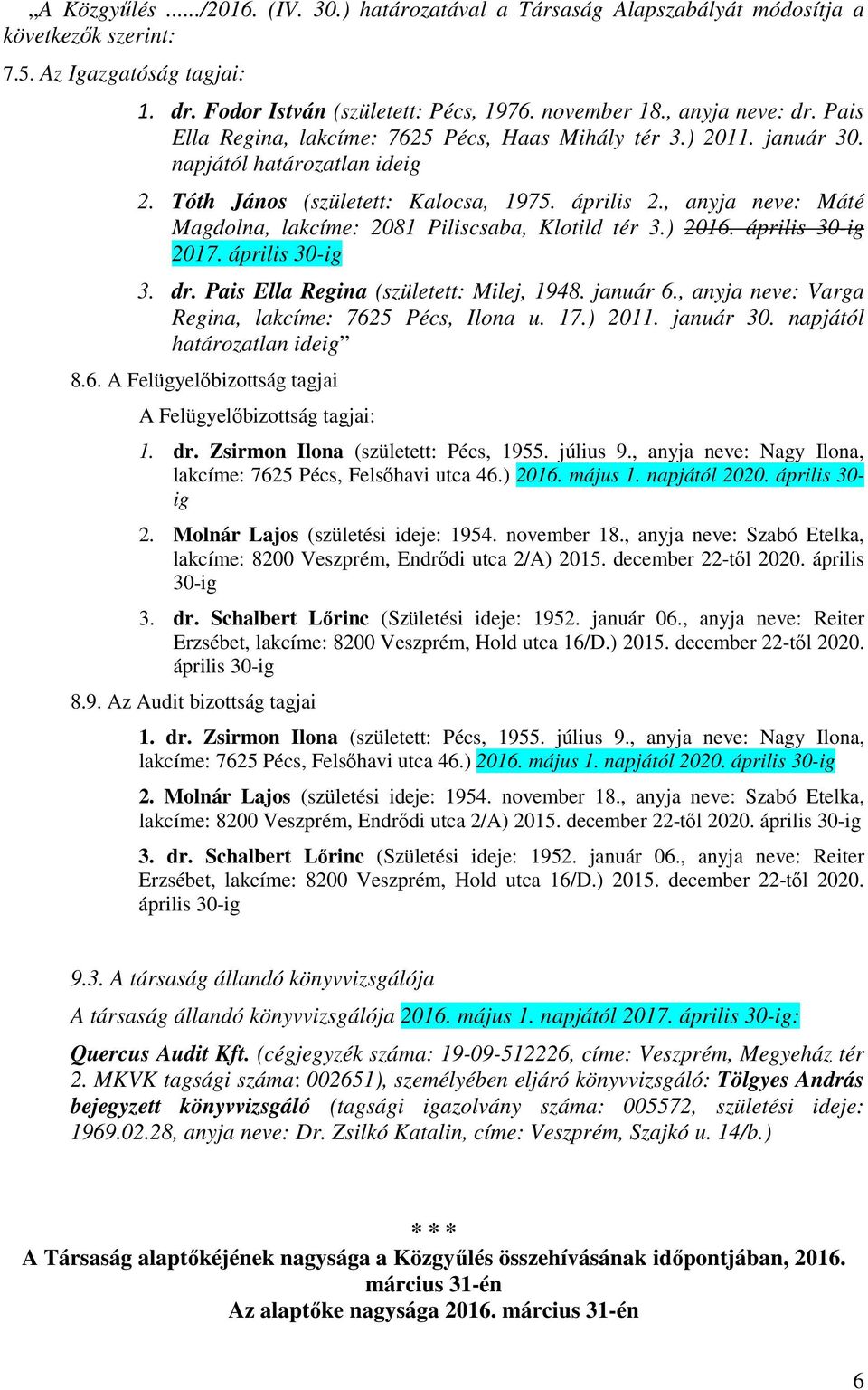 , anyja neve: Máté Magdolna, lakcíme: 2081 Piliscsaba, Klotild tér 3.) 2016. április 30-ig 2017. április 30-ig 3. dr. Pais Ella Regina (született: Milej, 1948. január 6.