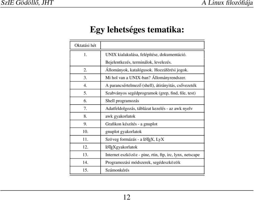 Szabványos segédprogramok (grep, find, file, test) 6. Shell programozás 7. Adatfeldolgozás, táblázat kezelés - az awk nyelv 8. awk gyakorlatok 9.
