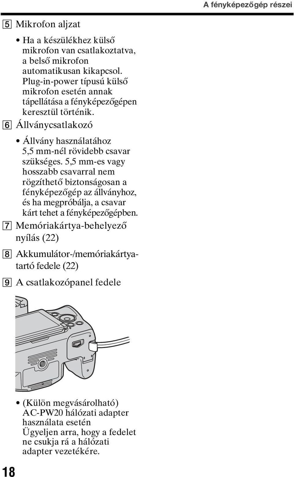 5,5 mm-es vagy hosszabb csavarral nem rögzíthető biztonságosan a fényképezőgép az állványhoz, és ha megpróbálja, a csavar kárt tehet a fényképezőgépben.
