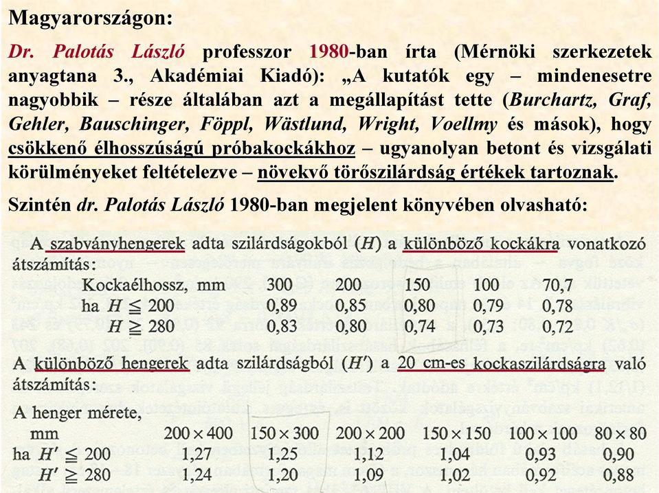 Bauschinger, Föppl, Wästlund, Wright, Voellmy és mások), hogy csökken kkenő élhosszúságú próbakock bakockákhozkhoz ugyanolyan
