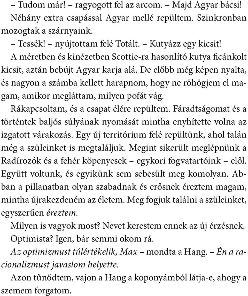 De előbb még képen nyalta, és nagyon a számba kellett harapnom, hogy ne röhögjem el magam, amikor megláttam, milyen pofát vág. Rákapcsoltam, és a csapat élére repültem.