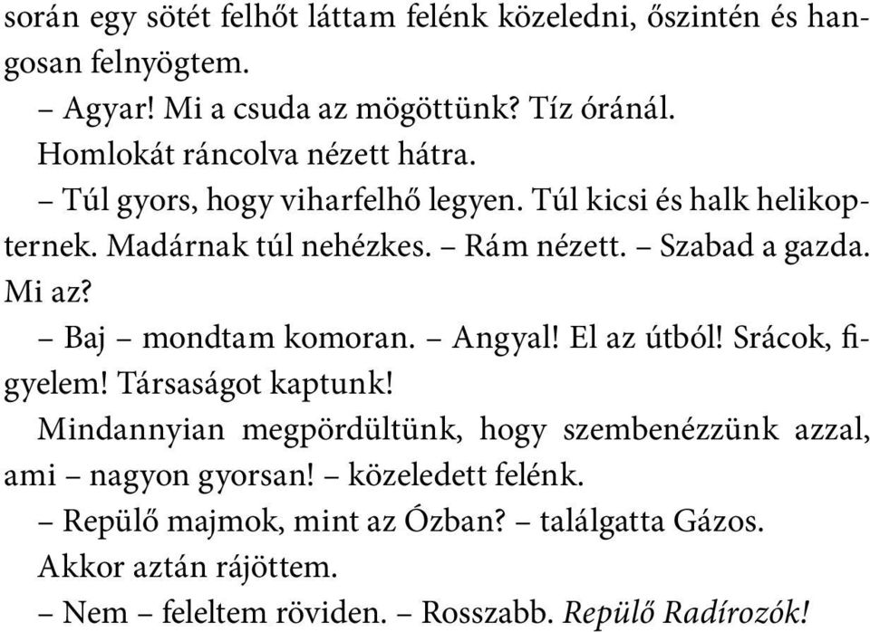Szabad a gazda. Mi az? Baj mondtam komoran. Angyal! El az útból! Srácok, figyelem! Társaságot kaptunk!