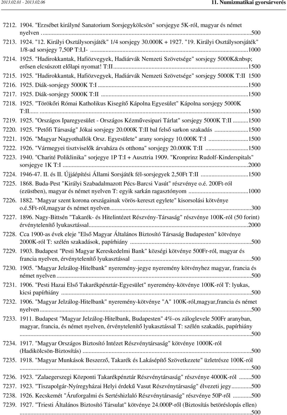 1925. "Hadirokkantak, Hafiözvegyek, Hadiárvák Nemzeti Szövetsége" sorsjegy 5000K T:II 1500 7216. 1925. Diák-sorsjegy 5000K T:I...1500 7217. 1925. Diák-sorsjegy 5000K T:II...1500 7218. 1925. "Törökőri Római Katholikus Kisegítő Kápolna Egyesület" Kápolna sorsjegy 5000K T:II.