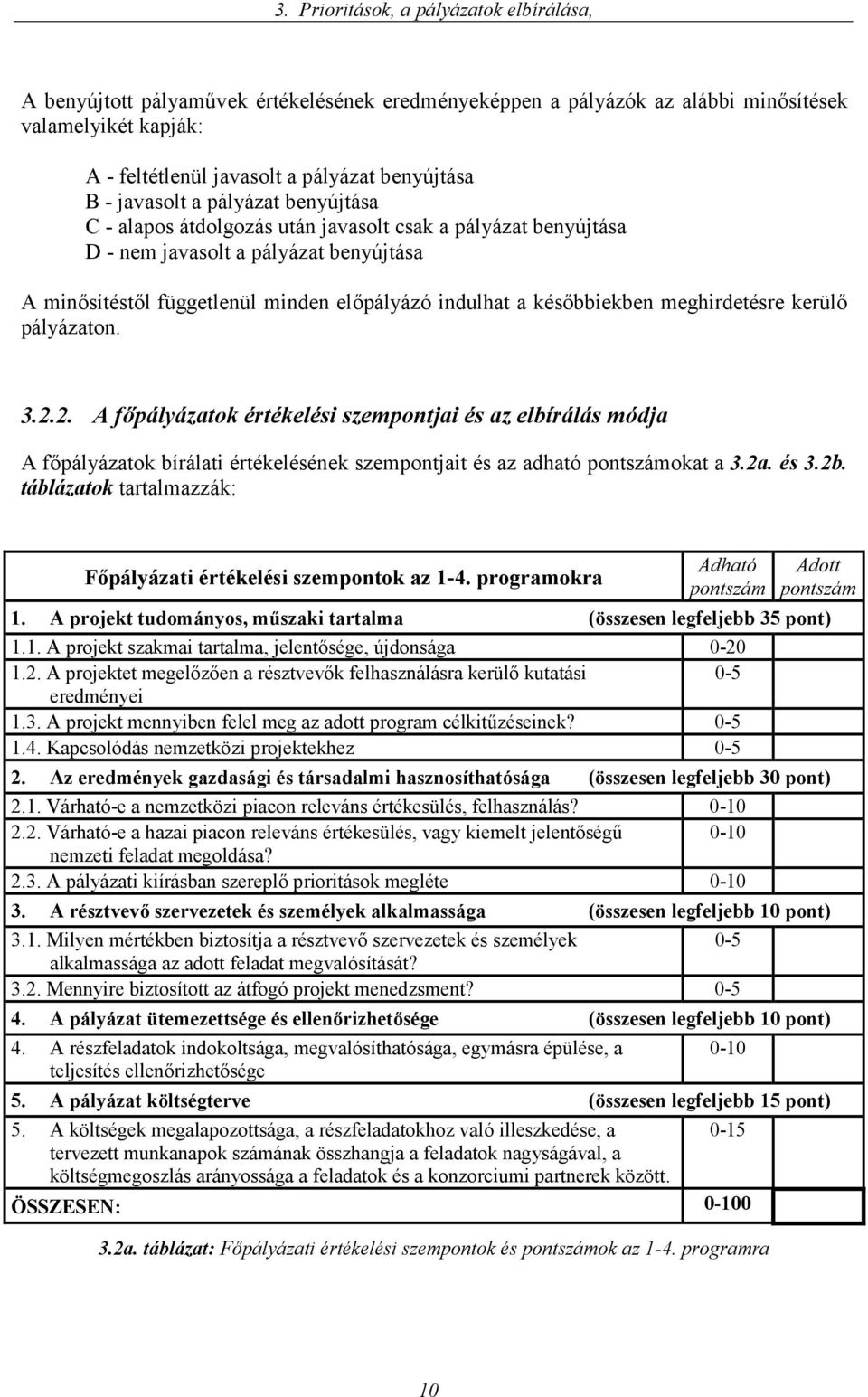 későbbiekben meghirdetésre kerülő pályázaton. 3.2.2. A főpályázatok értékelési szempontjai és az elbírálás módja A főpályázatok bírálati értékelésének szempontjait és az adható pontszámokat a 3.2a.