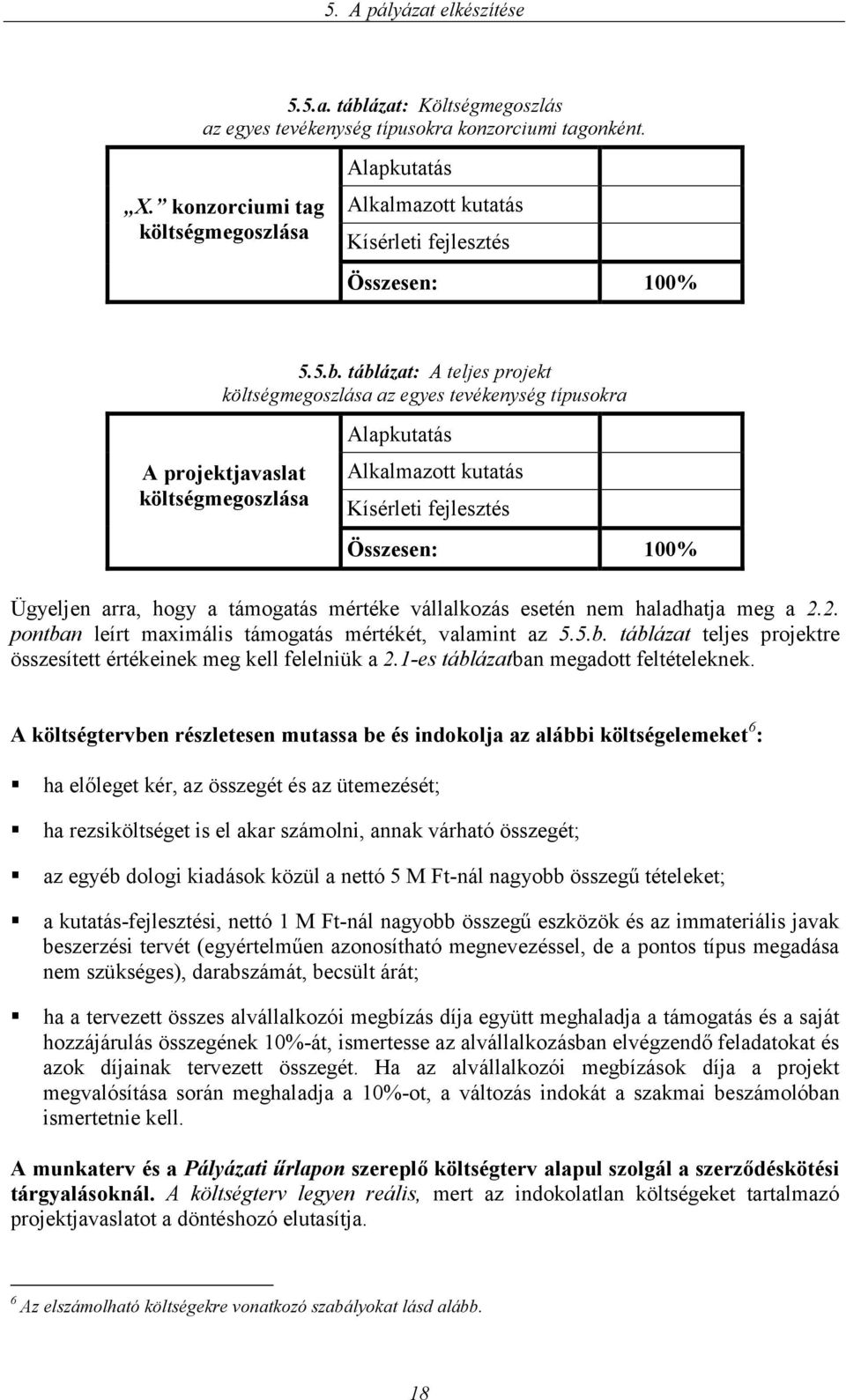 táblázat: A teljes projekt költségmegoszlása az egyes tevékenység típusokra A projektjavaslat költségmegoszlása Alapkutatás Alkalmazott kutatás Kísérleti fejlesztés Összesen: 100% Ügyeljen arra, hogy