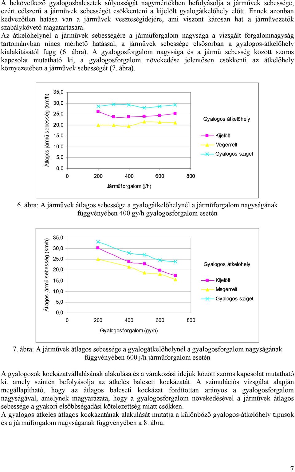 Az átkelőhelynél a járművek sebeségére a járműforgalom nagysága a vizsgált forgalomnagyság tartományban nincs mérhető hatásal, a járművek sebesége elsősorban a gyalogos-átkelőhely kialakításától függ