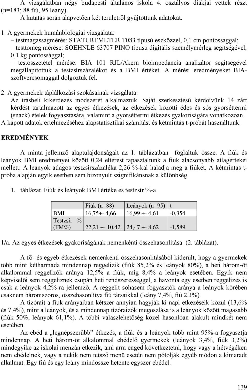0,1 kg pontossággal; testösszetétel mérése: BIA 101 RJL/Akern bioimpedancia analizátor segítségével megállapítottuk a testzsírszázalékot és a BMI értéket.