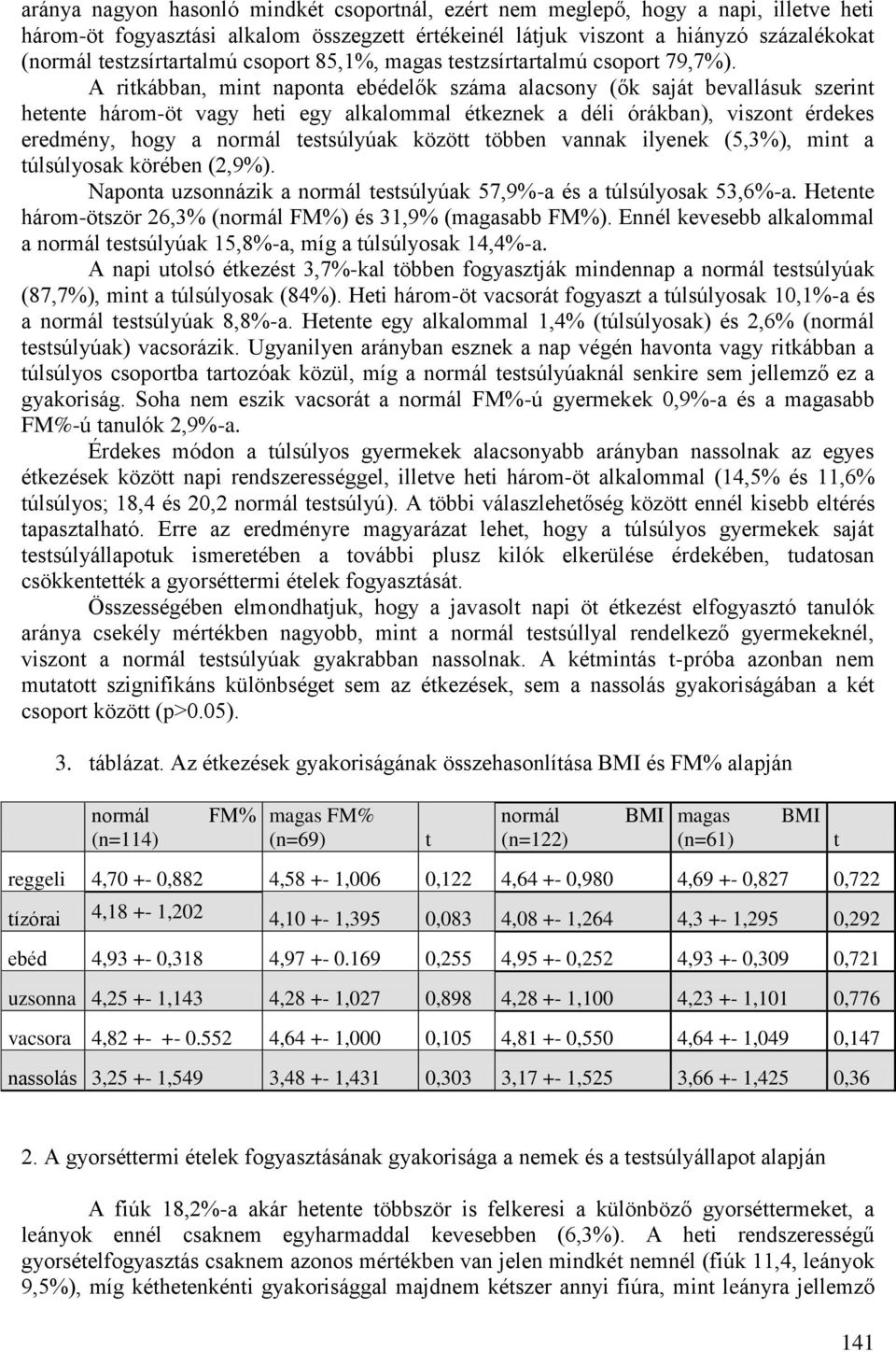 A ritkábban, mint naponta ebédelők száma alacsony (ők saját bevallásuk szerint hetente három-öt vagy heti egy alkalommal étkeznek a déli órákban), viszont érdekes eredmény, hogy a normál testsúlyúak