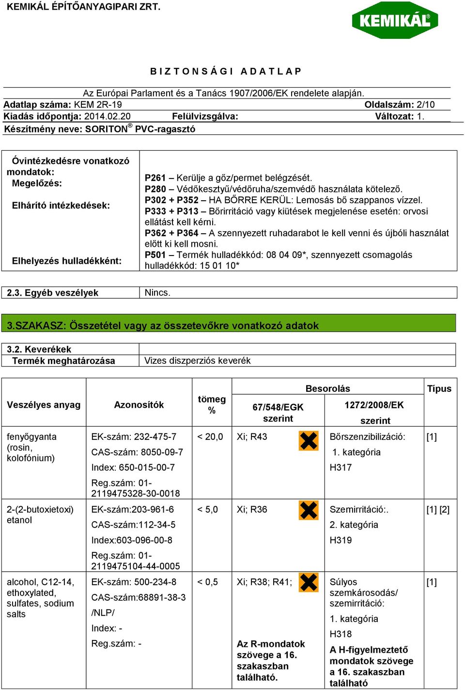 P362 + P364 A szennyezett ruhadarabot le kell venni és újbóli használat előtt ki kell mosni. P501 Termék hulladékkód: 08 04 09*, szennyezett csomagolás hulladékkód: 15 01 10* 2.3. Egyéb veszélyek Nincs.