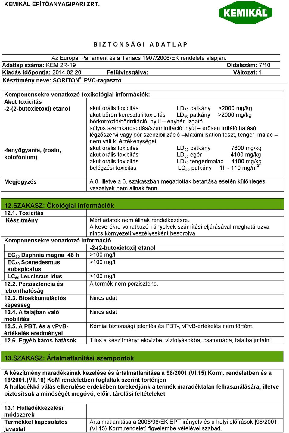 vagy bőr szenzibilizáció Maximilisation teszt, tengeri malac nem vált ki érzékenységet akut orális toxicitás LD 50 patkány 7600 mg/kg akut orális toxicitás LD 50 egér 4100 mg/kg akut orális toxicitás