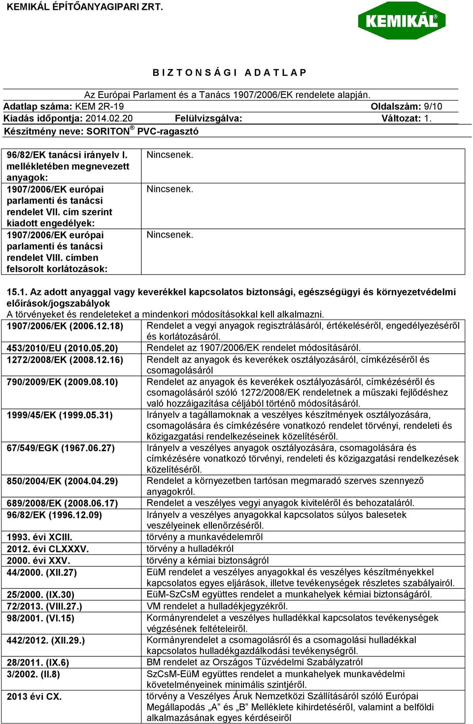 07/2006/EK európai parlamenti és tanácsi rendelet VIII. címben felsorolt korlátozások: Nincsenek. Nincsenek. Nincsenek. 15