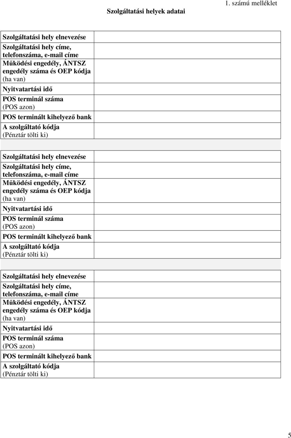 (POS azon) POS terminált kihelyező bank A szolgáltató kódja (Pénztár tölti ki) Szolgáltatási hely elnevezése Szolgáltatási hely címe, telefonszáma, e-mail címe Működési engedély, ÁNTSZ engedély száma